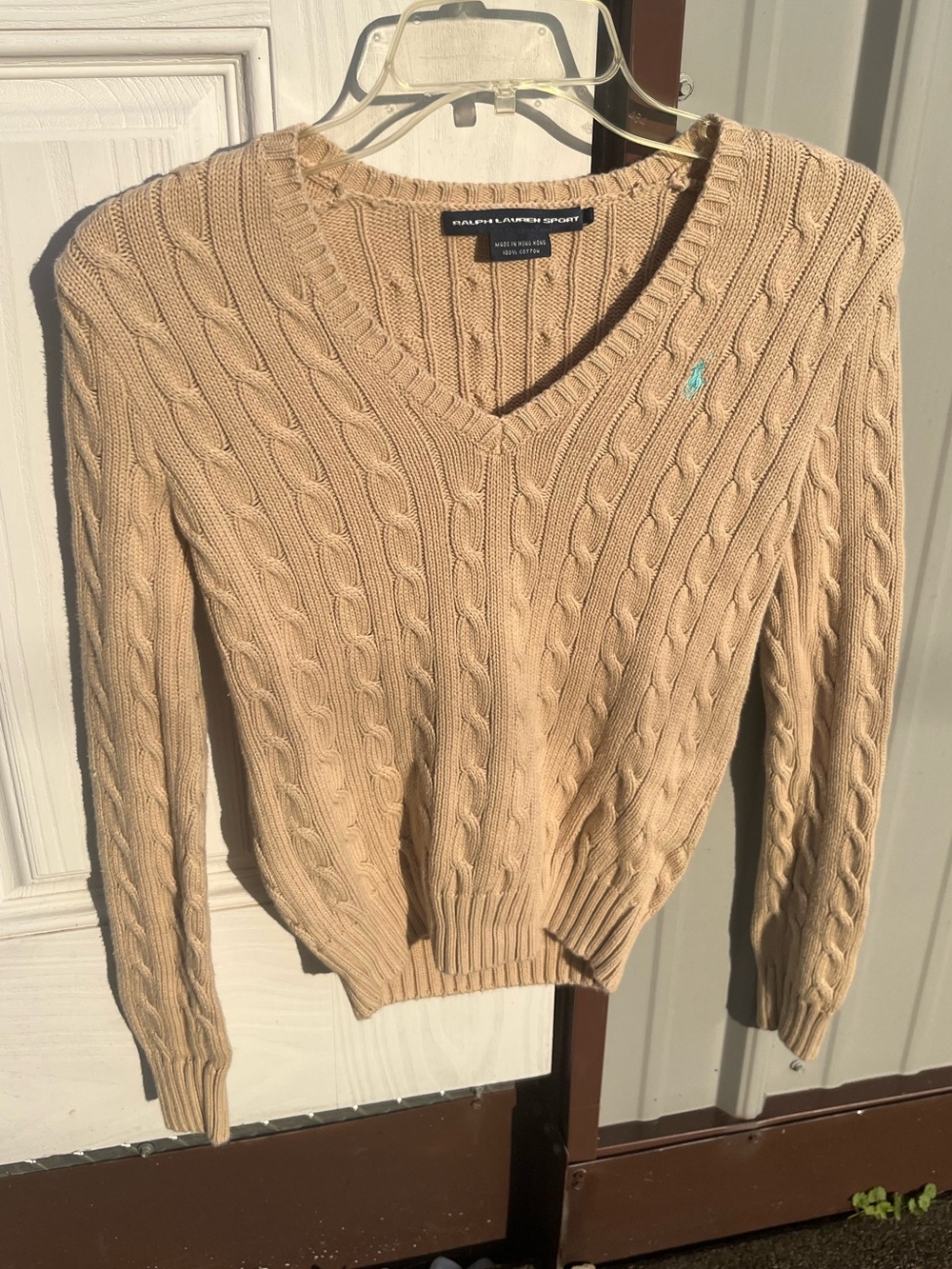 Ralph Lauren Sport cable knit v neck cotton sweater beige small